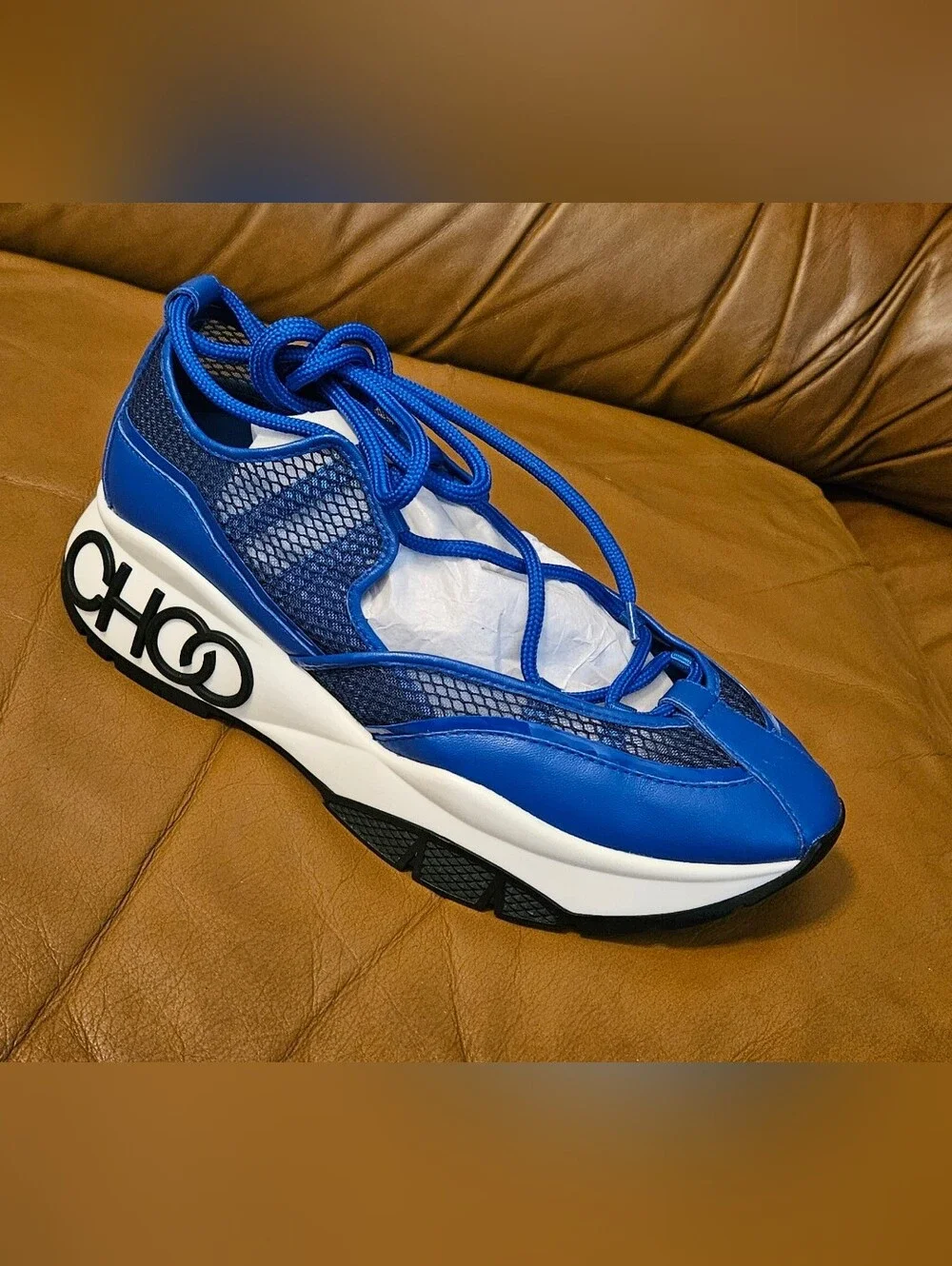 New Women's Jimmy Choo Blue Leather Strappy Lace Designer Sneakers Size 5.5 US